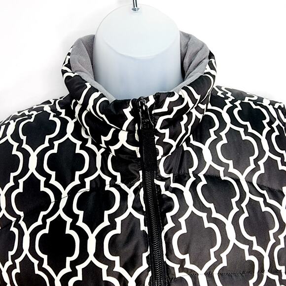 Lands End Black & White Geometric Print Women's Down Puffer Vest Zipper Front L - Picture 3 of 11